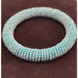 Light Blue Seed Bead Bangle Bracelet Handcrafted Boho Stackable Circular Jewelry